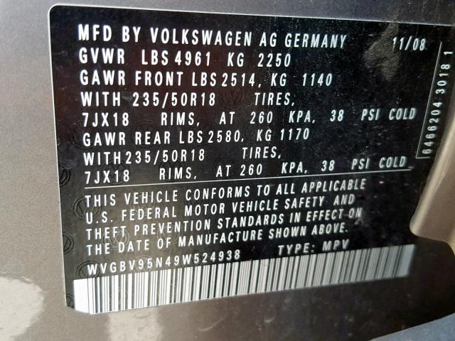 WVGBV95N49W524938 - 2009 VOLKSWAGEN TIGUAN SE CHARCOAL photo 10