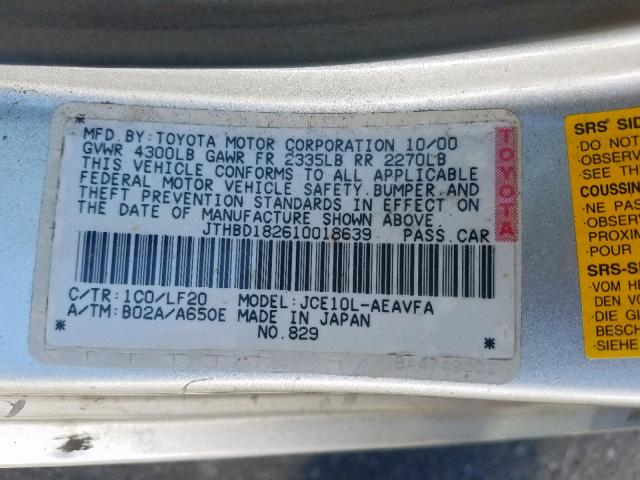 JTHBD182610018639 - 2001 LEXUS IS 300 SILVER photo 10