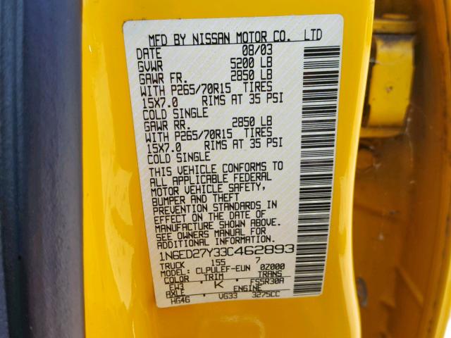 1N6ED27Y33C462893 - 2003 NISSAN FRONTIER C YELLOW photo 10