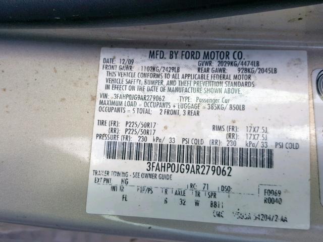 3FAHP0JG9AR279062 - 2010 FORD FUSION SEL SILVER photo 10