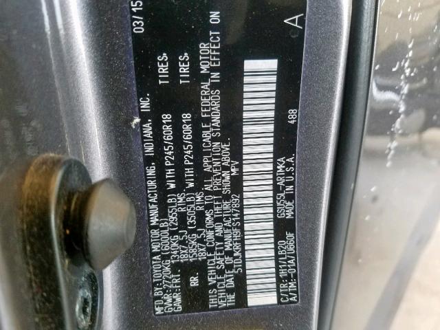 5TDJKRFH9FS147892 - 2015 TOYOTA HIGHLANDER GRAY photo 10