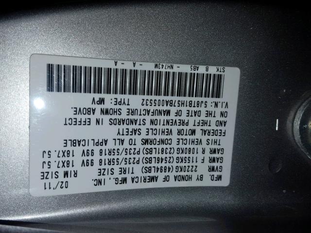 5J8TB1H57BA005532 - 2011 ACURA RDX TECHNO SILVER photo 10