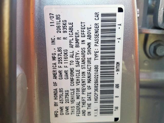 1HGCP36828A021480 - 2008 HONDA ACCORD EXL SILVER photo 10