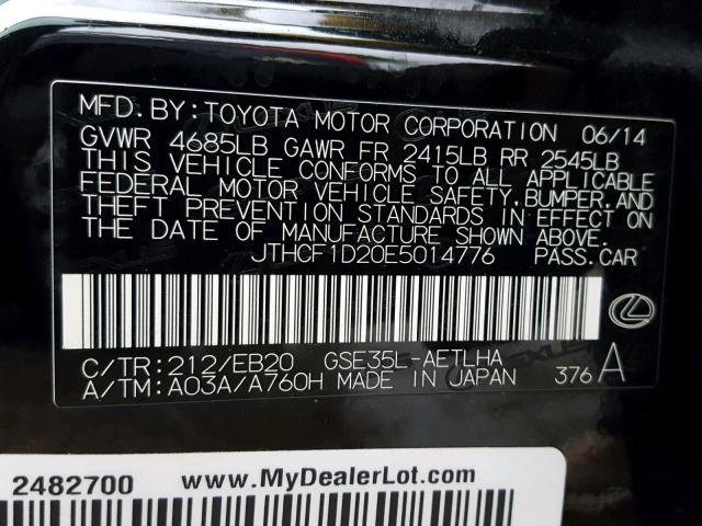 JTHCF1D20E5014776 - 2014 LEXUS IS 250 BLACK photo 10