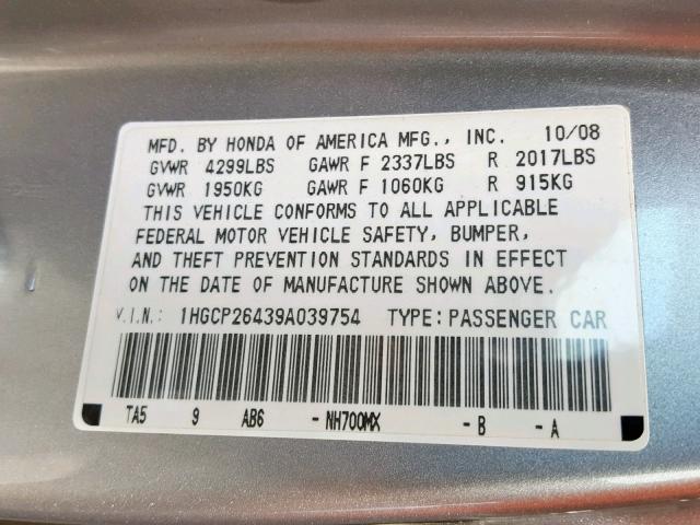 1HGCP26439A039754 - 2009 HONDA ACCORD LXP SILVER photo 10