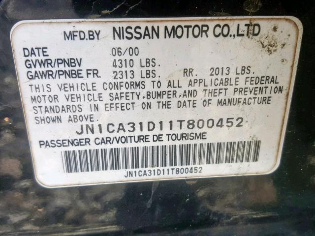 JN1CA31D11T800452 - 2001 NISSAN MAXIMA GXE BLACK photo 10