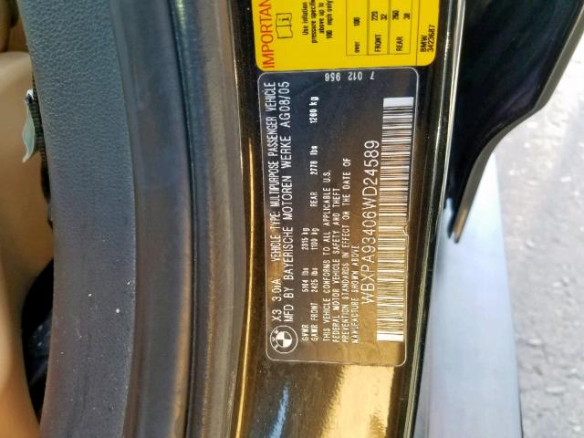 WBXPA93406WD24589 - 2006 BMW X3 3.0I BLACK photo 10