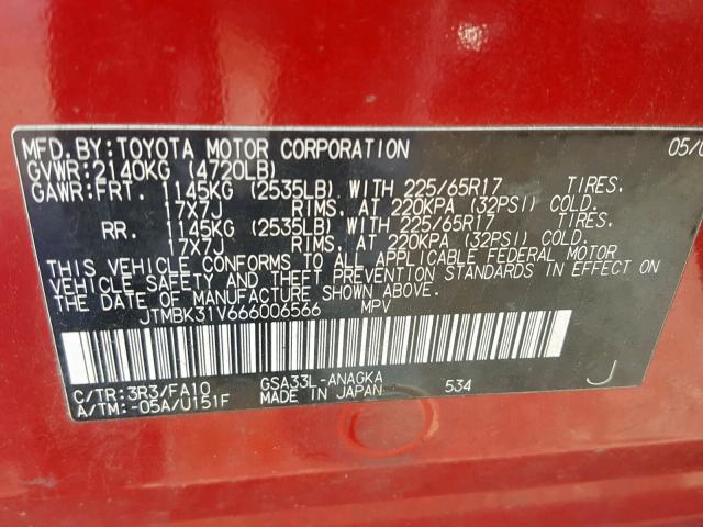 JTMBK31V666006566 - 2006 TOYOTA RAV4 LIMIT RED photo 10