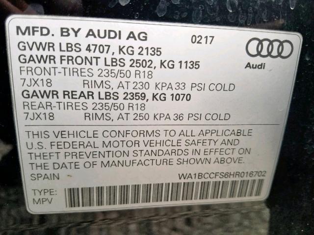 WA1BCCFS6HR016702 - 2017 AUDI Q3 PREMIUM BLACK photo 10