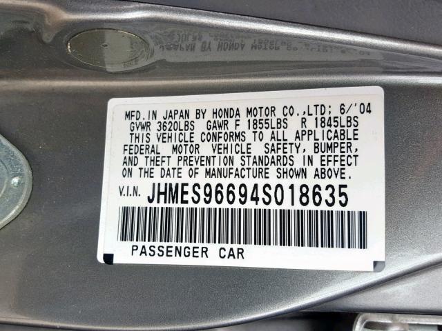 JHMES96694S018635 - 2004 HONDA CIVIC HYBR GRAY photo 10