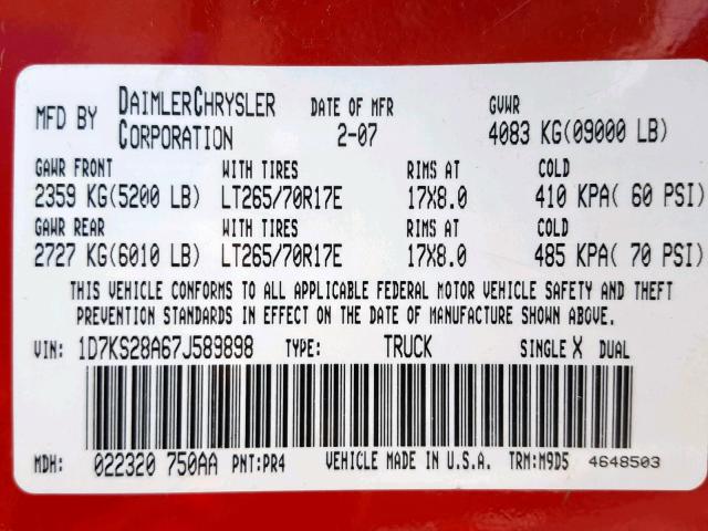 1D7KS28A67J589898 - 2007 DODGE RAM 2500 S წითელი ფოტო 10