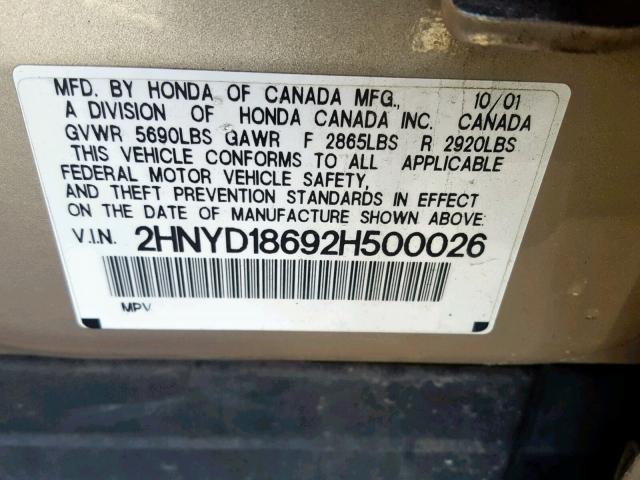 2HNYD18692H500026 - 2002 ACURA MDX TOURIN GOLD photo 10