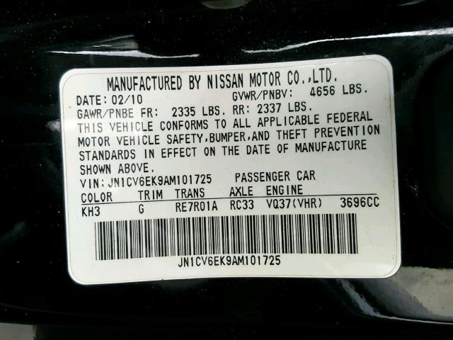 JN1CV6EK9AM101725 - 2010 INFINITI G37 BASE BLACK photo 10