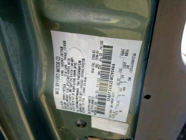 1FAFP34N35W290466 - 2005 FORD FOCUS ZX4 GREEN photo 10