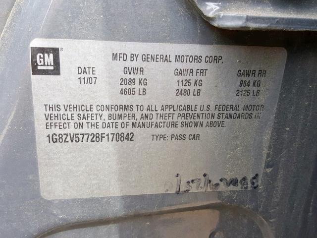 1G8ZV57728F170842 - 2008 SATURN AURA XR GRAY photo 10