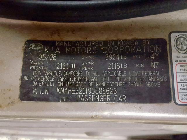 KNAFE221195586623 - 2009 KIA SPECTRA EX GOLD photo 10