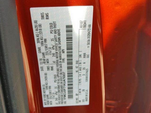 1FMCU0F71KUA76937 - 2019 FORD ESCAPE S ORANGE photo 10