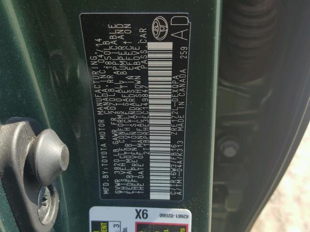 2T1BPRHE3EC149847 - 2014 TOYOTA COROLLA EC 绿色 照片 10