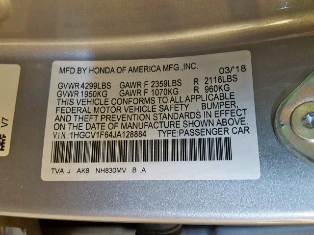 1HGCV1F64JA128884 - 2018 HONDA ACCORD EXL SILVER photo 10