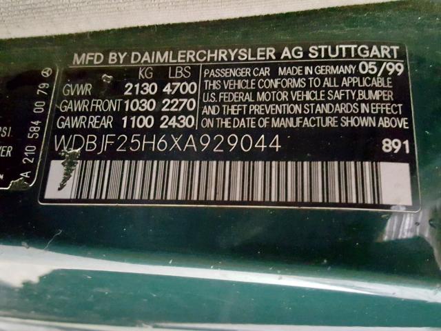 WDBJF25H6XA929044 - 1999 MERCEDES-BENZ E 300TD GREEN photo 10