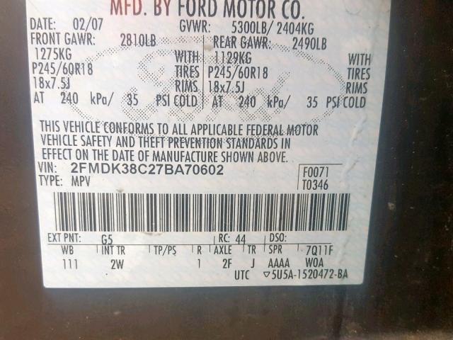 2FMDK38C27BA70602 - 2007 FORD EDGE SEL BLACK photo 10