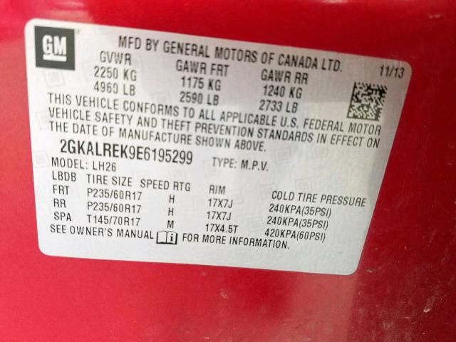 2GKALREK9E6195299 - 2014 GMC TERRAIN SL RED photo 10