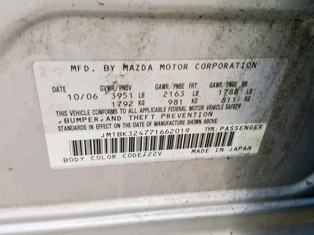 JM1BK324771662019 - 2007 MAZDA 3 S SILVER photo 10