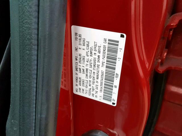 19UUA76557A005467 - 2007 ACURA TL TYPE S RED photo 10