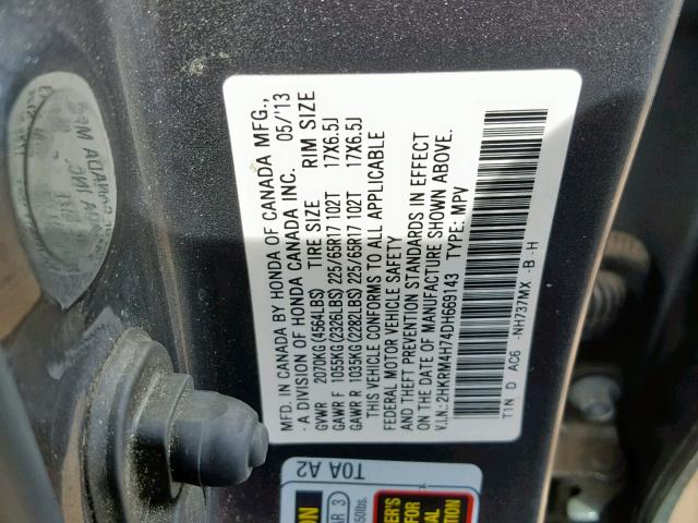 2HKRM4H74DH669143 - 2013 HONDA CR-V EXL GRAY photo 10