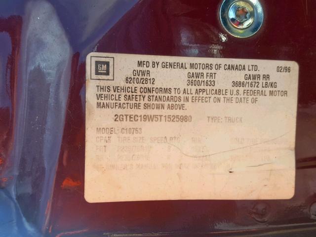 2GTEC19W5T1525980 - 1996 GMC SIERRA C15 RED photo 10