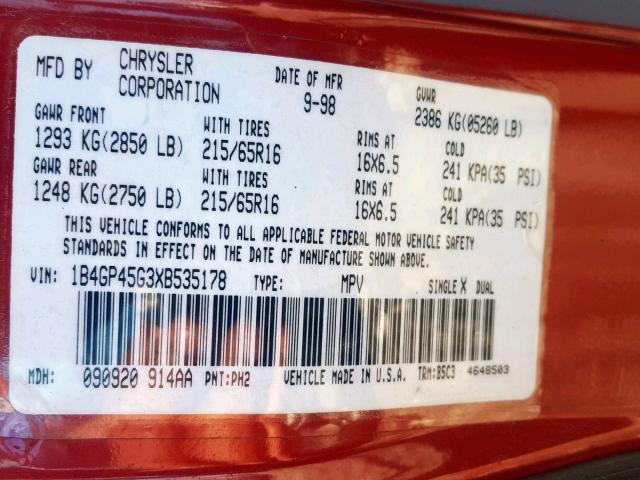 1B4GP45G3XB535178 - 1999 DODGE CARAVAN SE RED photo 10