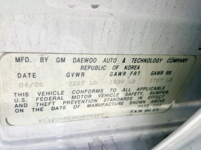 KL1TD66696B670487 - 2006 CHEVROLET AVEO BASE Ağ foto 10