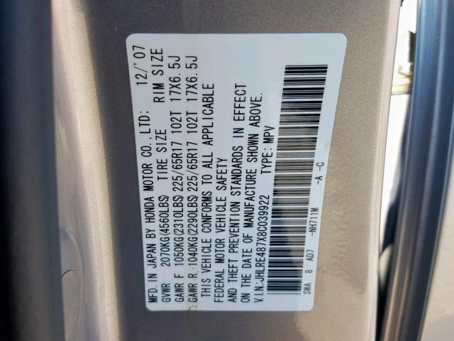 JHLRE487X8C039922 - 2008 HONDA CR-V EXL SILVER photo 10