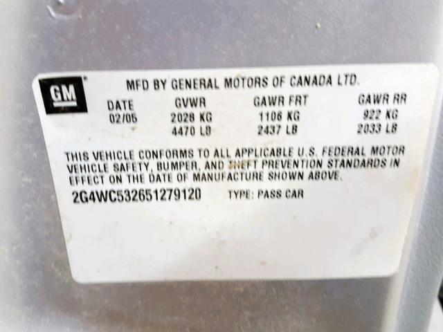 2G4WC532651279120 - 2005 BUICK LACROSSE C SILVER photo 10