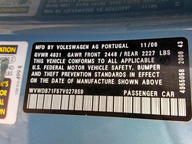 WVWDB71F57V027859 - 2007 VOLKSWAGEN EOS 3.2L S BLUE photo 10