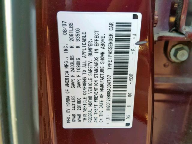 1HGCP26808A004767 - 2008 HONDA ACCORD EXL BURGUNDY photo 10