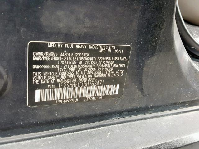 JF2SHBEC3BH762471 - 2011 SUBARU FORESTER L GRAY photo 10