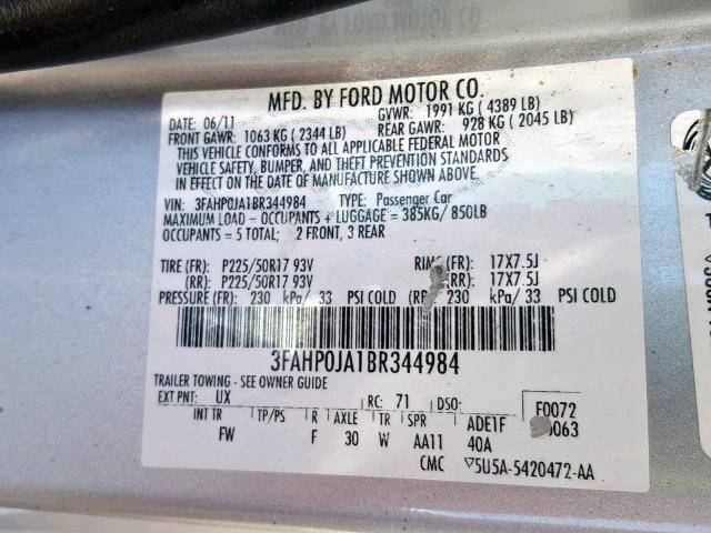 3FAHP0JA1BR344984 - 2011 FORD FUSION SEL SILVER photo 10