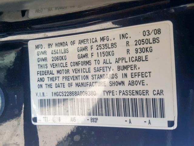 1HGCS22868A009380 - 2008 HONDA ACCORD EXL BLACK photo 10