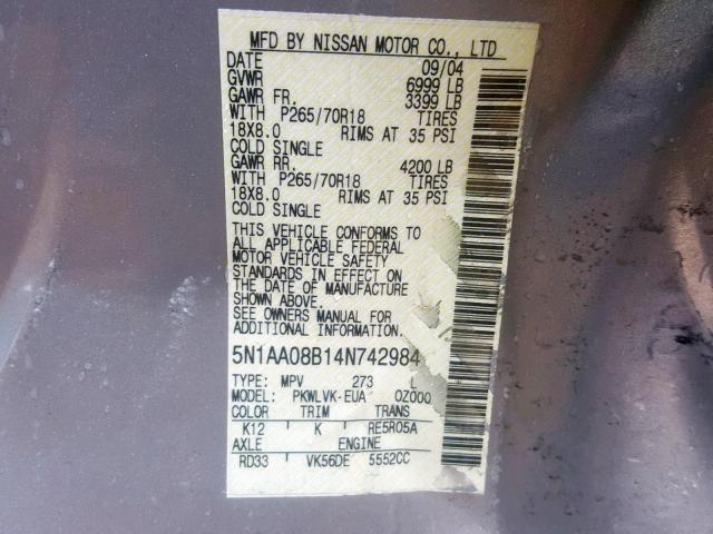 5N1AA08B14N742984 - 2004 NISSAN ARMADA SE SILVER photo 10