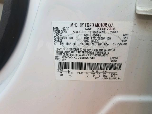 2FMDK4KC0BBA29733 - 2011 FORD EDGE LIMIT WHITE photo 10