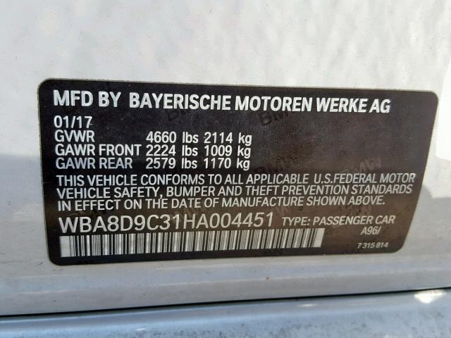 WBA8D9C31HA004451 - 2017 BMW 330 XI WHITE photo 10