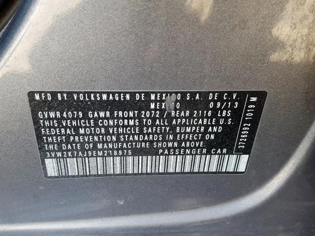 3VW2K7AJ9EM218975 - 2014 VOLKSWAGEN JETTA BASE 灰色 照片 10