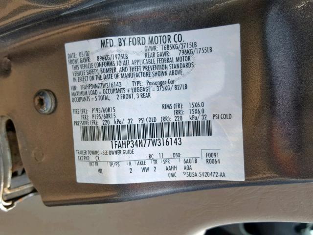 1FAHP34N77W316143 - 2007 FORD FOCUS ZX4 GRAY photo 10