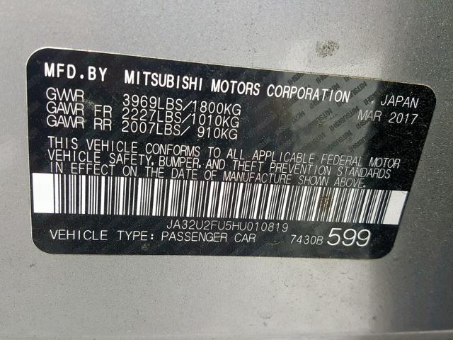 JA32U2FU5HU010819 - 2017 MITSUBISHI LANCER ES SILVER photo 10