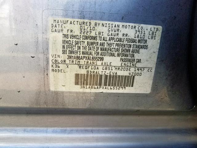 3N1AB6APXAL655299 - 2010 NISSAN SENTRA 2.0 SILVER photo 10