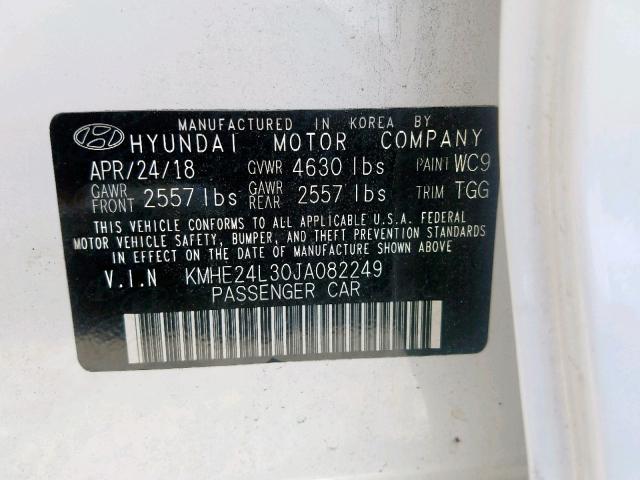 KMHE24L30JA082249 - 2018 HYUNDAI SONATA HYB WHITE photo 10