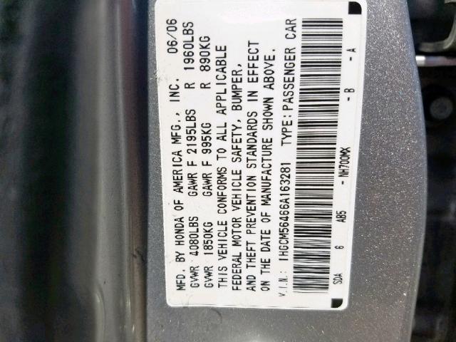 1HGCM56466A163281 - 2006 HONDA ACCORD LX SILVER photo 10