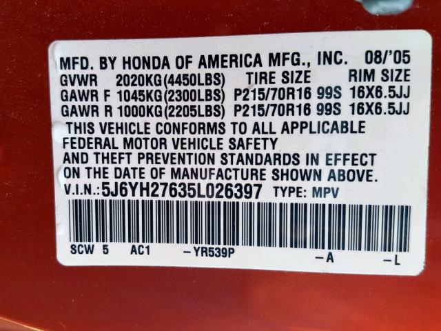 5J6YH27635L026397 - 2005 HONDA ELEMENT EX ORANGE photo 10