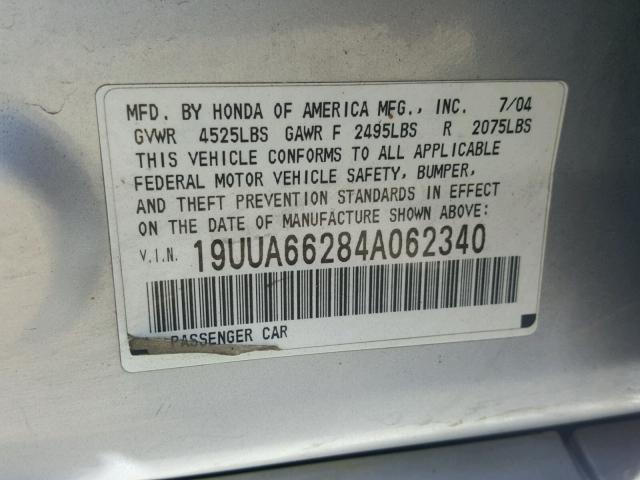 19UUA66284A062340 - 2004 ACURA TL SILVER photo 10